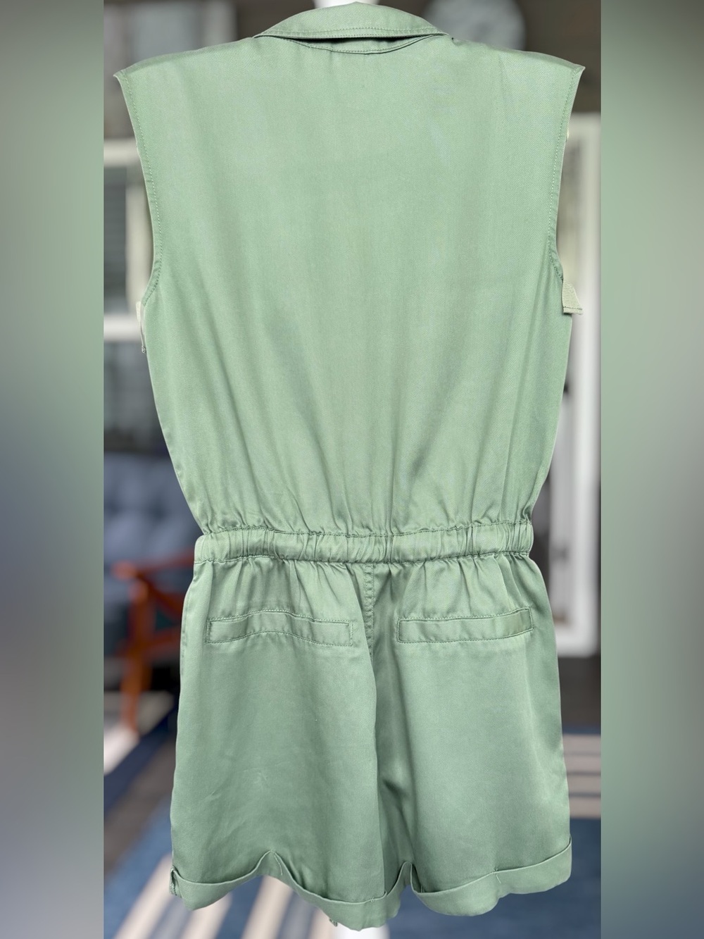 Sage Green Utility Romper| Size 10 |Zip Front |Drawstring Waist - Picture 5 of 12